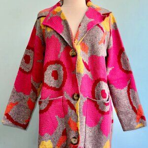 Davi&Dani  HAPPY FLOWERS SWEATER CARDIGAN GREY, FUCHSIA, & YELLOW - SIZE Medium
